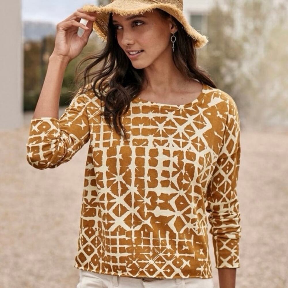 Garnet Hill Boxy Silk Cotton Knit Sweater Tan Cream Abstract Print Large